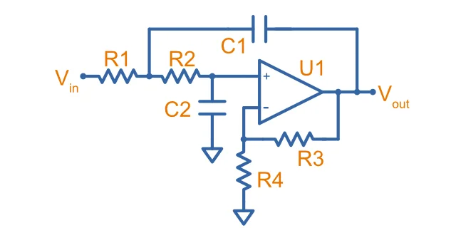 Low-pass variable-gain Sallen-Key filter schematic