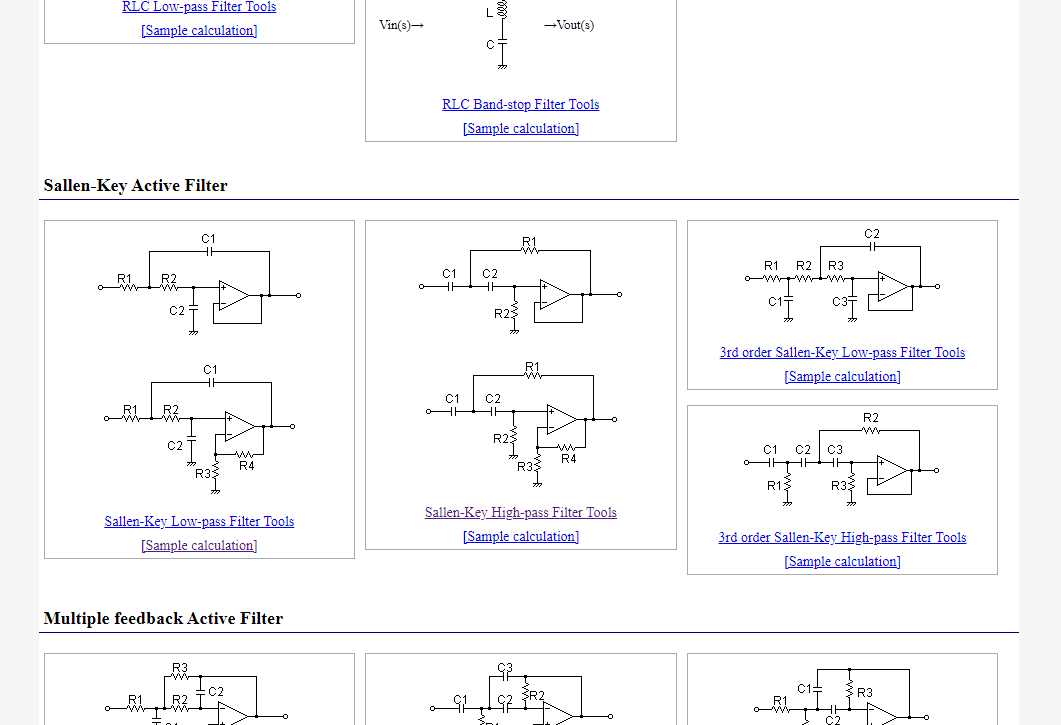 Screenshot of the Sallen-Key filter calculators offered by the [OKAWA Electric Design website](http://sim.okawa-denshi.jp/en/Fkeisan.htm)[^bib-okawa-filter-design-and-analysis].