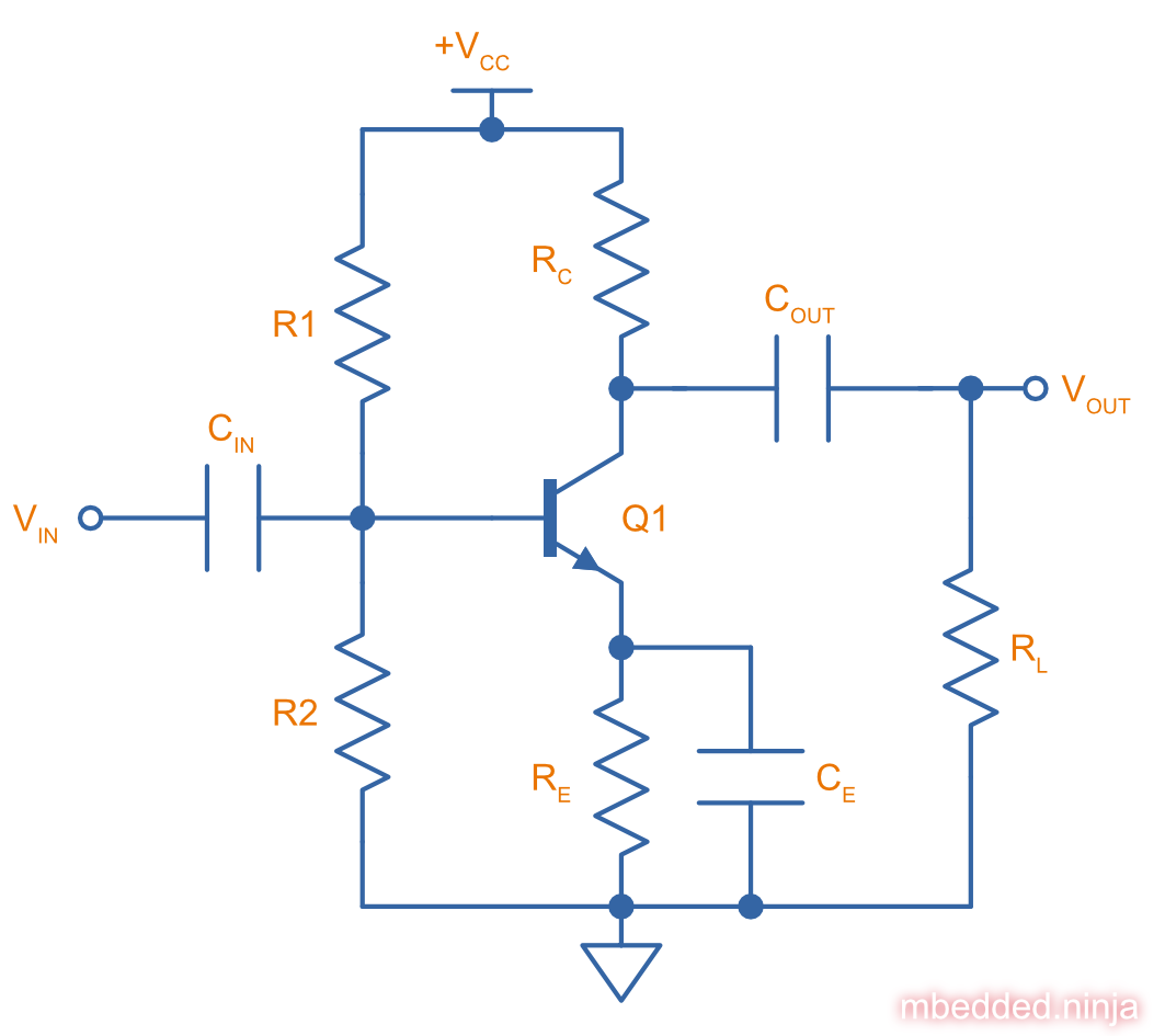 Schematic for a common emitter amplifier with DC bias and AC coupling.