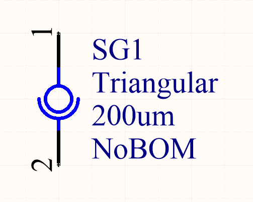 A schematic symbol for a spark gap. This spark gap is created with two triangles of copper on the PCB, with a gap of 200um between them. As this is made purely from the PCB, there is no BOM component needed.
