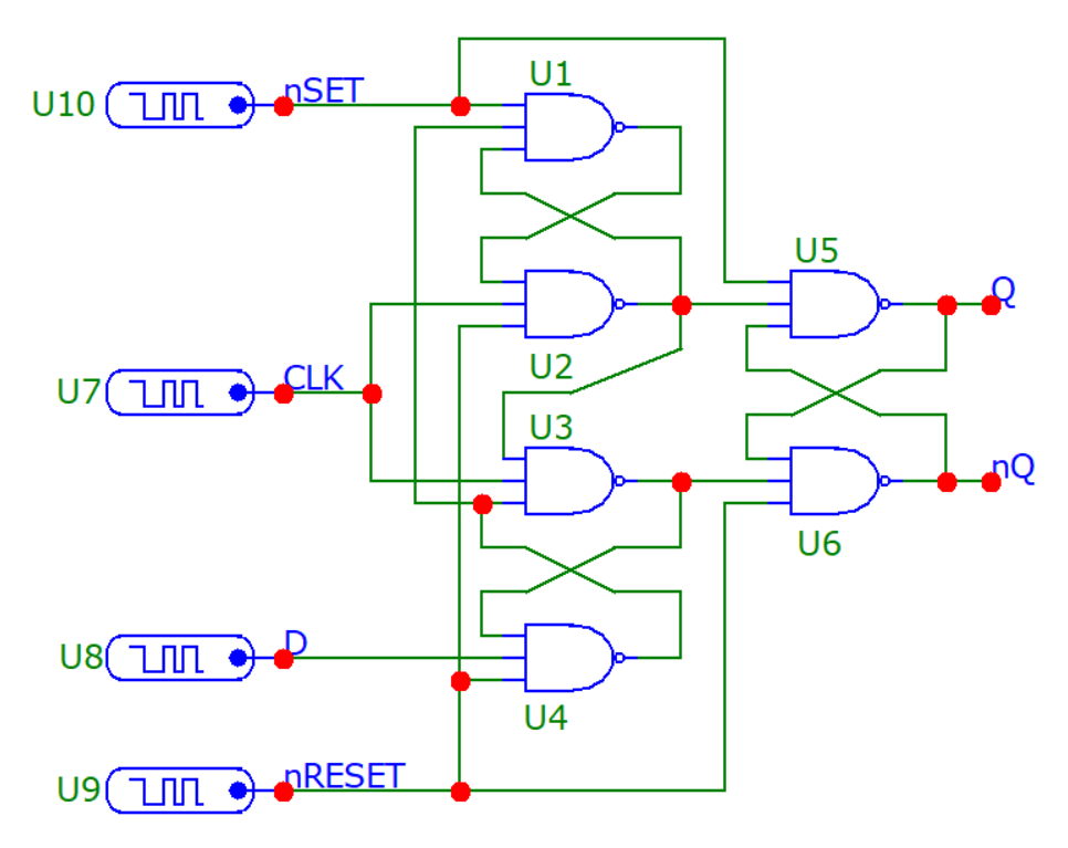 The Micro-Cap schematic for simulating a edge-triggered D-type flip-flop with async. set and reset.