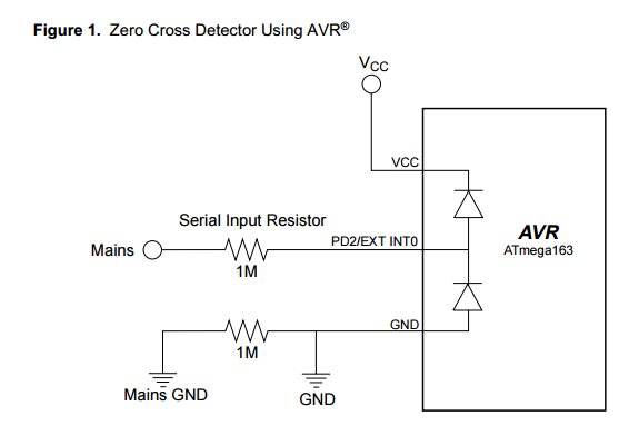 A very simple two-component mains zero-cross detection circuit. Image from http://www.atmel.com/.