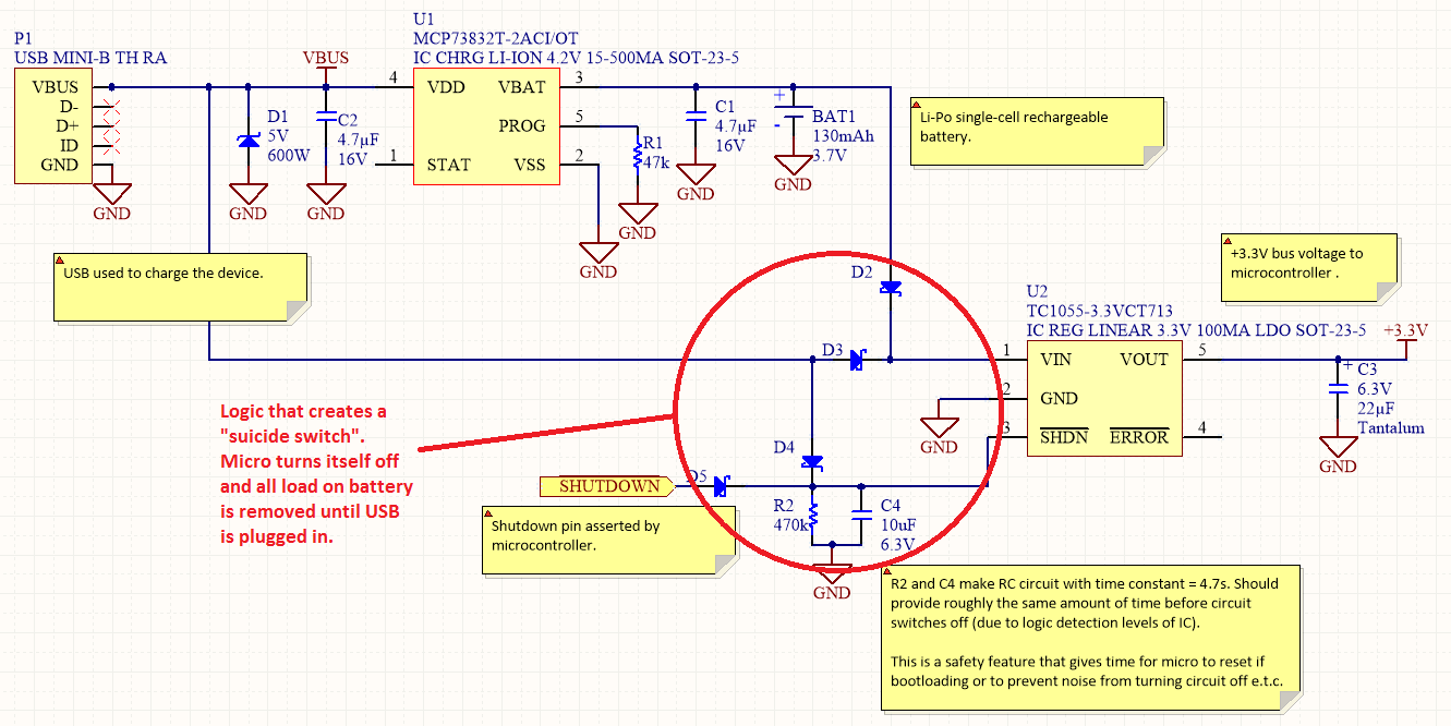 circuit schematic suicide switch with usb powered lipo charger