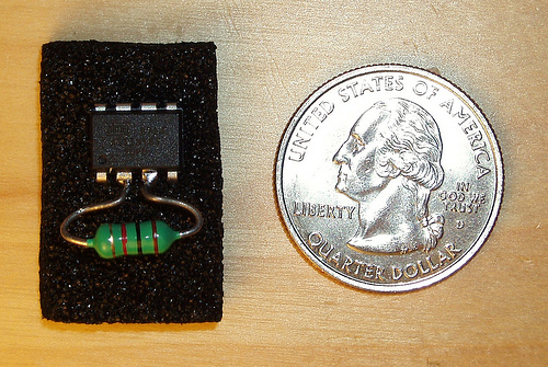 A RFID tag made from a single Atmel ATtiny and inductor! Image from http://scanlime.org/2008/09/using-an-avr-as-an-rfid-tag/.