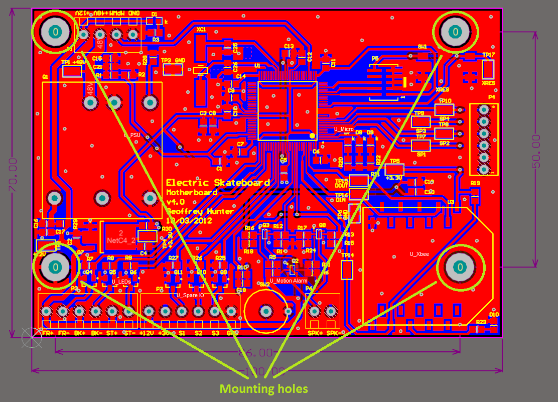 A PCB, showing the four mounting holes. Note that one is underneath a component (the Xbee module).