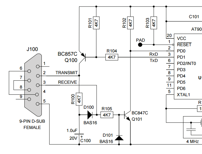 The schematic of a cheap, discrete-part RS-232 to TTL logic-level converter. Image from Atmel AVR910 (http://www.atmel.com/).