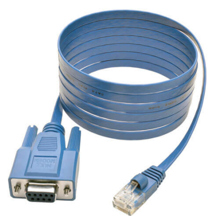 Photo of the TrippLite RJ45 to DB9F Cisco Serial Console Port Rollover Cable, 6 ft. (1.83 m)[^bib-tripp-lite-rj45-to-db9f-cable-ds].