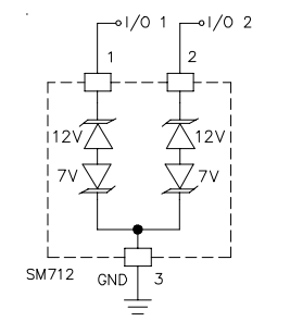The SM712 TVS diode array, a diode array with asymmetric breakdown voltages, specifically designed for protecting RS-485 data lines. Image from http://www.semtech.com/.