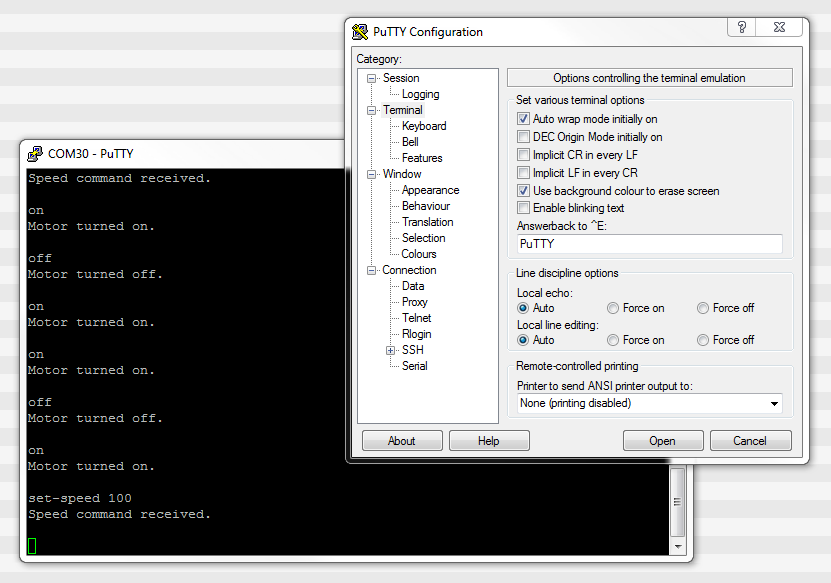 A screenshot of the PuTTy application in action, along with the settings window.
