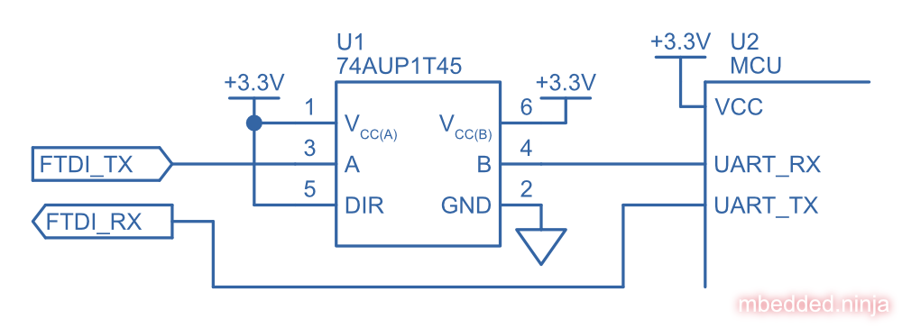 Schematic showing a circuit using a voltage translator IC to prevent backfeeding a microcontroller from an FTDI cable (or similar) when power (VCC) is removed.