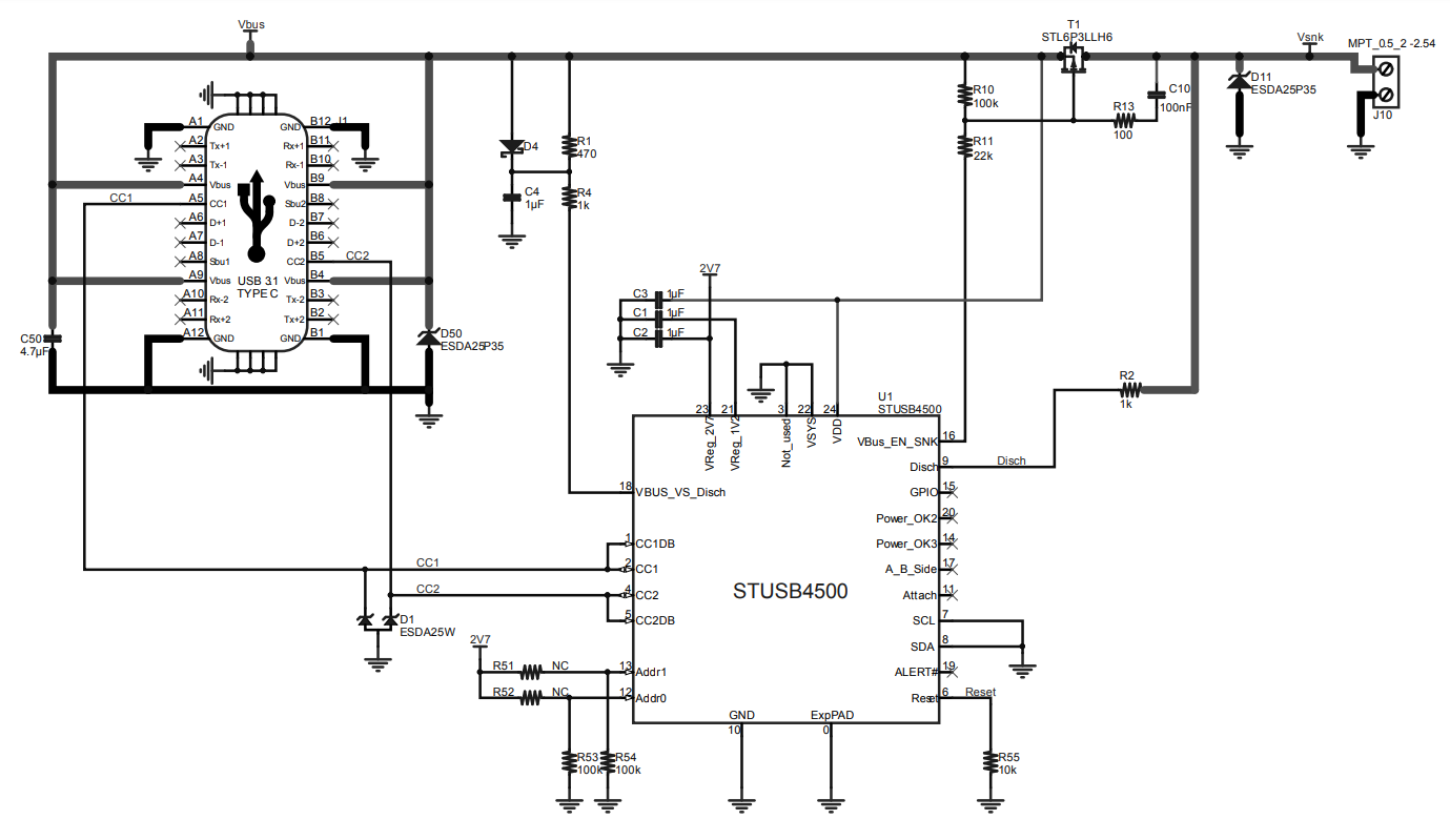 Minimal application circuit for the STMicroelectronics STUSB4500 IC. Note that it is operated as a standalone controller and there is no MCU present[^st-microelectronics-stusb4500-standalone-pd-sink].