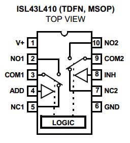 Functional diagram of the Intersil ISL43L410 analogue switch. Image from http://www.intersil.com/content/dam/Intersil/documents/isl4/isl43l410.pdf.