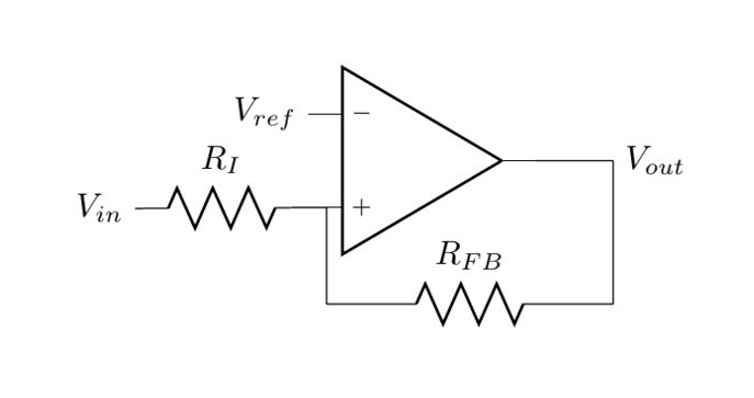 A schematic of a comparator in the non-inverting configuration.