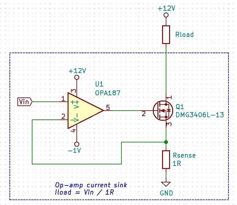 Schematic of an op-amp based current sink. See [Current Sources And Sinks: Op-amp Current Sink](/electronics/components/current-sources-and-sinks/#_op_amp_current_sink) for more info.