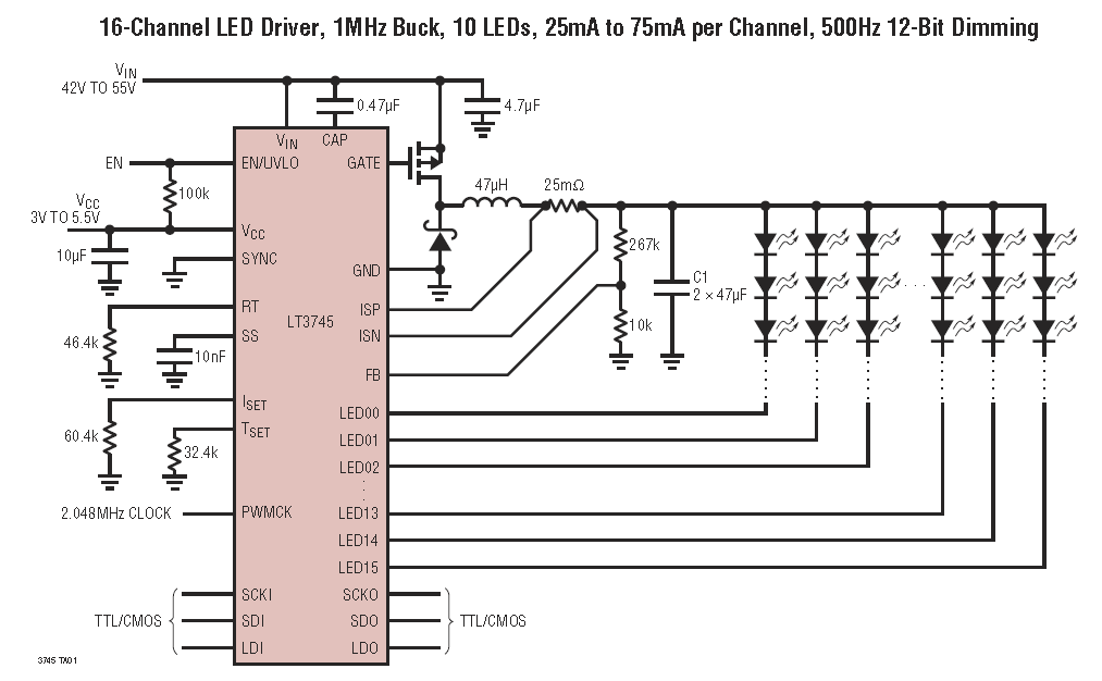 The LT3745 LED driver by Linear Technology is a advanced driver which can individually control the current for up to 16 LED circuits. Image from http://cds.linear.com/docs/en/datasheet/3745f.pdf.