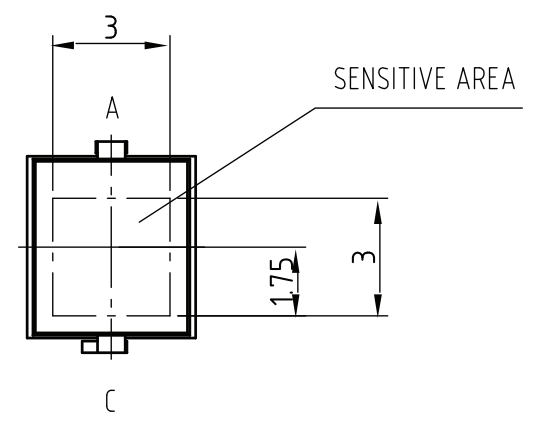 Mechanical outline showing the sensitive area on the top face of the Vishay BPW34 photodiode (DIP-2 package)[^bib-vishay-bpw34-ds].
