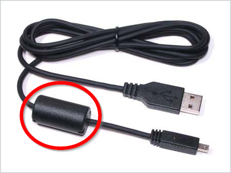 A USB cable with the in-cable ferrite bead highlighted.