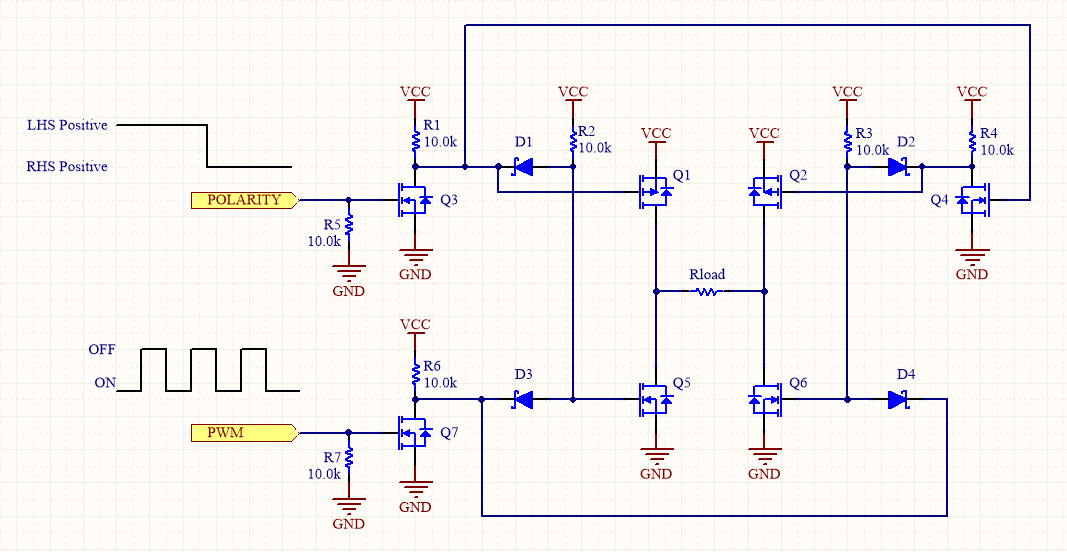 A full-bridge example schematic made from discrete components. This circuit only requires two control inputs and has shoot-thru protection.
