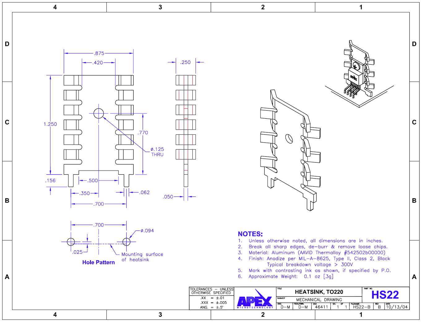 The technical drawing of a typical TO-220 heatsink. Image from www.digikey.com, retrieved 2013-05-29.