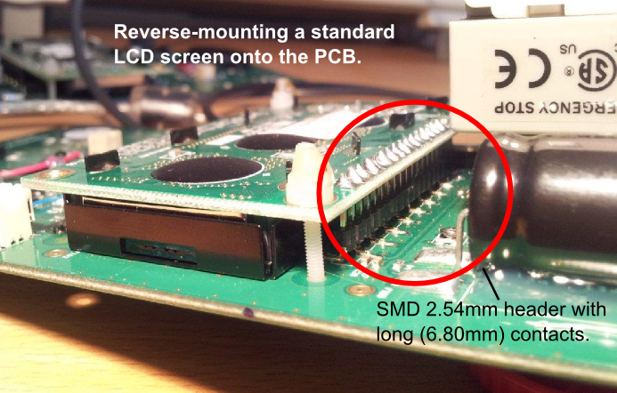 This picture shows how to reverse-mount a standard LCD screen onto a PCB. Notice the SMD 2.54mm pitch header with long contacts (6.80mm).