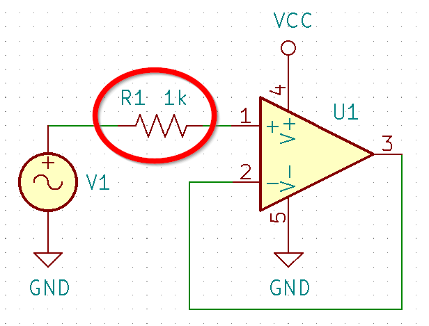 Schematic showing a resistor on the positive input to a op-amp.