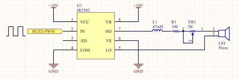 A non-standard and slightly convoluted method for driving a Piezo speaker using a half-bridge driver IC.