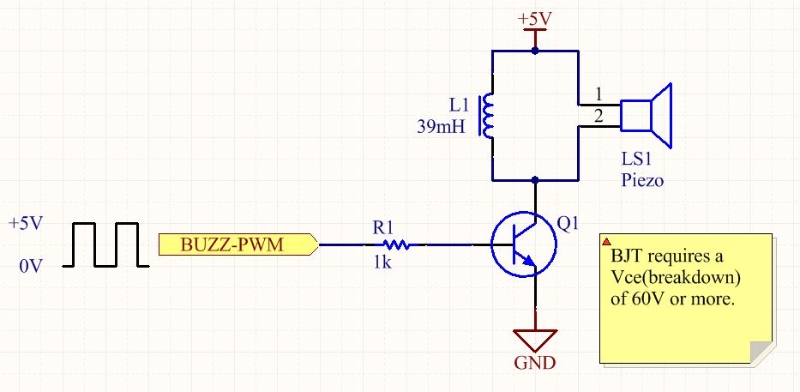An easy and loud way to drive a piezo speaker using an inductor in parallel with the piezo and a NPN BJT.