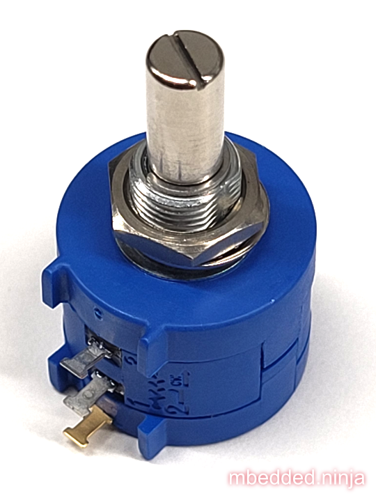 Photo of the Bourns 3590S-2-103L 10-turn precision rotary potentiometer. As of April 2022, this costs approx. US$17 each in quantities of 10[^bib-mouser-bourns-3590s-2-103l].
