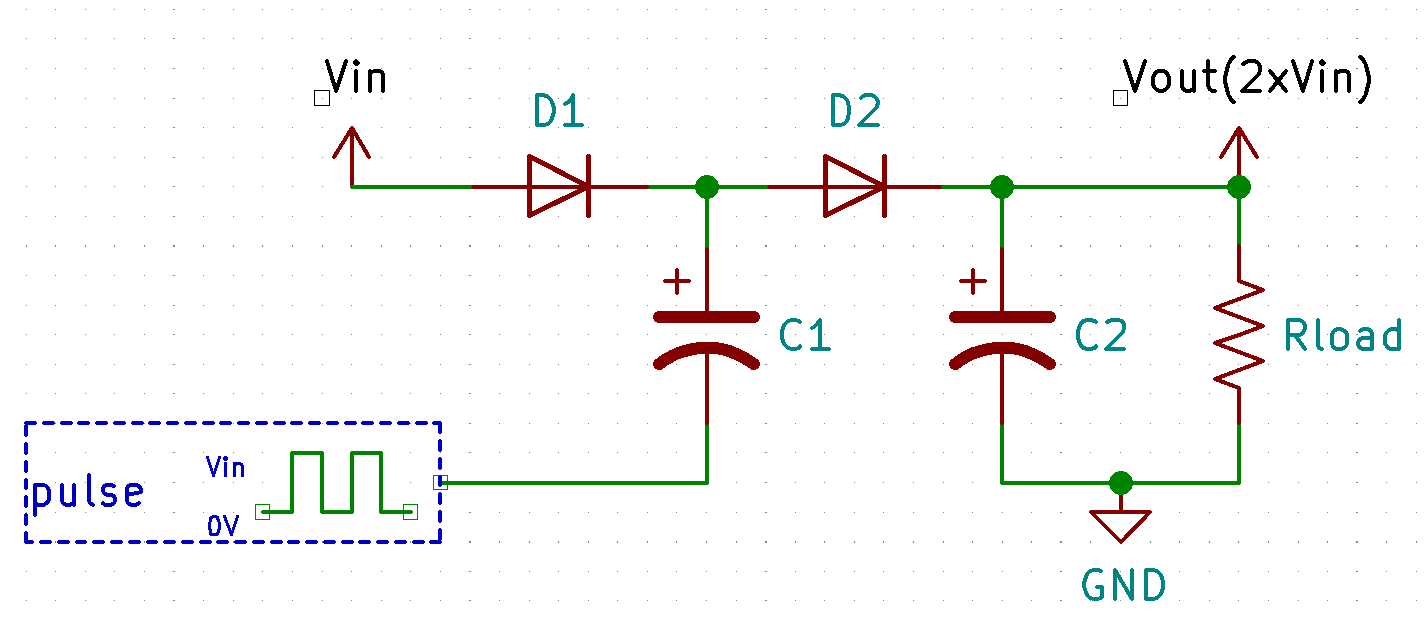 The basic schematic for a voltage doubling charge pump circuit.