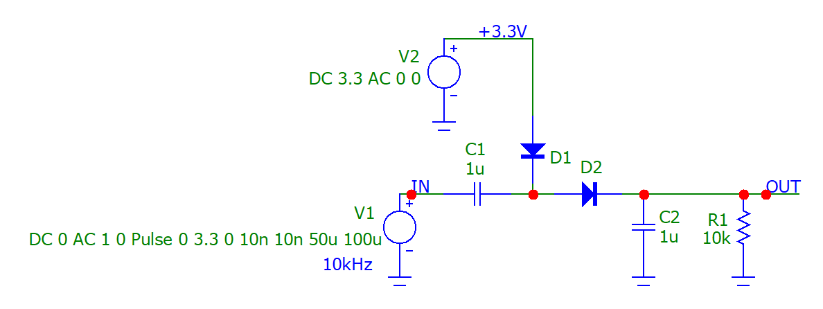 Micro-Cap simulation schematic of a +3.3V voltage-doubling charge pump.