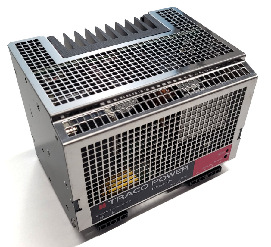 Photo of the Traco TSP600-124 24V 600W DIN-mounted power supply, which runs of mains power. This is medium power isolated switch-mode power supply unit.