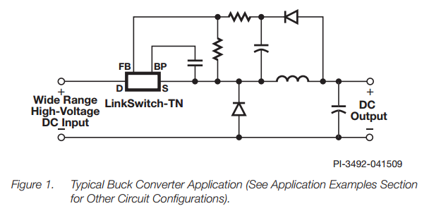 A typical application schematic for the LinkSwitch-TN family of non-isolated off-line switchers by Power Integrations. Image from www.power.com.