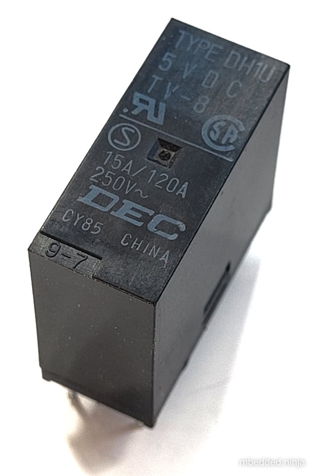 The DEC DH1U-5VDC relay that can switch 250VAC at 15A.