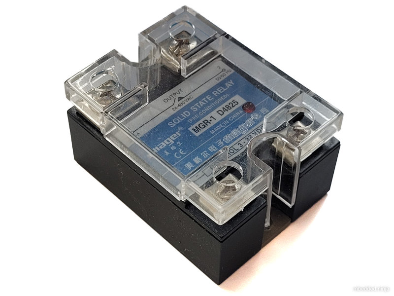 The MGR-1 D4825 solid state relay from Mager. The input takes 3-32VDC to switch the output 24-480VAC contacts at up to 25A.