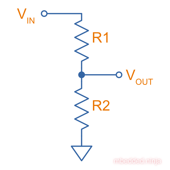 A basic schematic of a simple resistor divider. You will see these used everywhere in circuits!