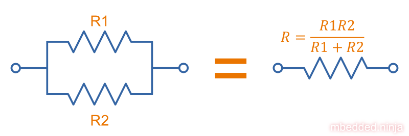 Two resistors in parallel can be treated as one resistor using the shown equation.