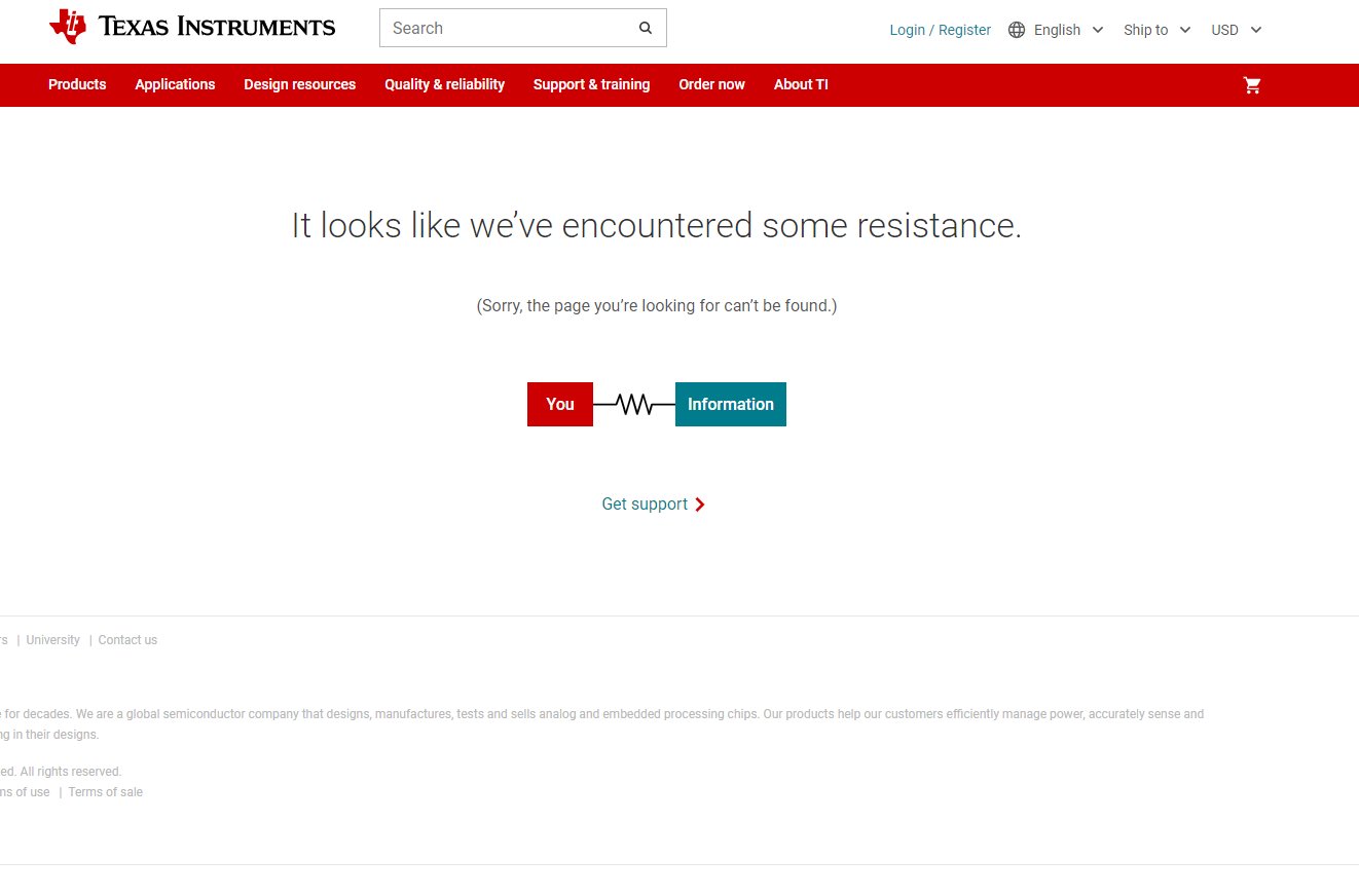 One should always appreciate a good pun. Texas Instruments 404 page as of October 2020.