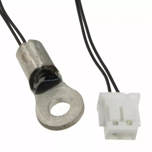 An example of a NTC thermistor built into a metal lug, and provided with a cable and connector. Vishay component NTCALUG03A103GC. Image from www.digikey.com.