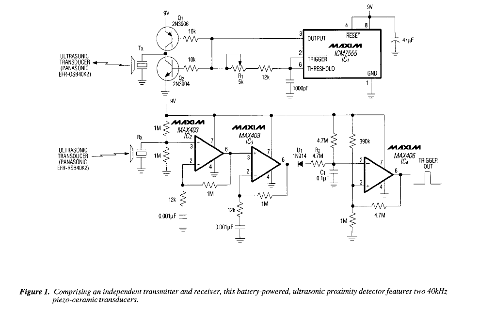 A ultrasonic proximity detector circuit with separate transmitter and receiver. Image from http://www.datasheetarchive.com/dl/Scans-004/Scans-0082375.pdf.