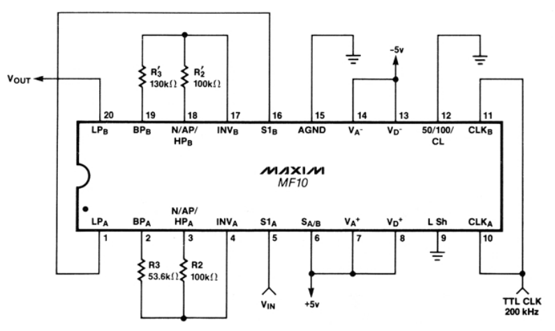 Schematic using the Maxim MF10 to create a 4th order lowpass 2kHz butterworth filter[^bib-maxim-mf10-ds]. The clock is 100x the cutoff frequency.