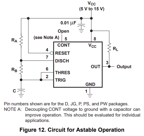 Schematic for putting the 555 timer into astable mode. Image from https://www.ti.com/lit/ds/symlink/sa555.pdf?HQS=TI-null-null-digikeymode-df-pf-null-wwe.