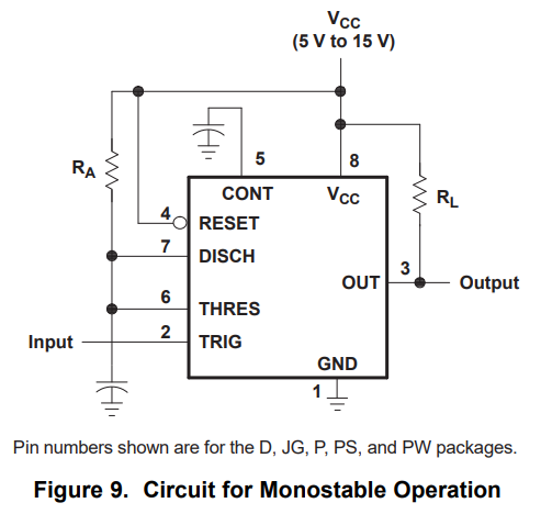 Schematic for putting the 555 timer into monostable mode. Image from https://www.ti.com/lit/ds/symlink/sa555.pdf?HQS=TI-null-null-digikeymode-df-pf-null-wwe.