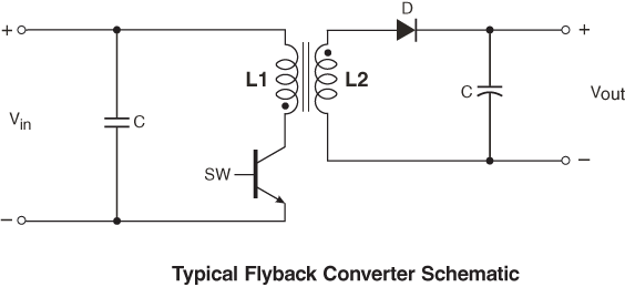 Schematic of a boost converter using a flyback transformer. Image from https://www.coilcraft.com/edu/flyback_transformer.cfm.