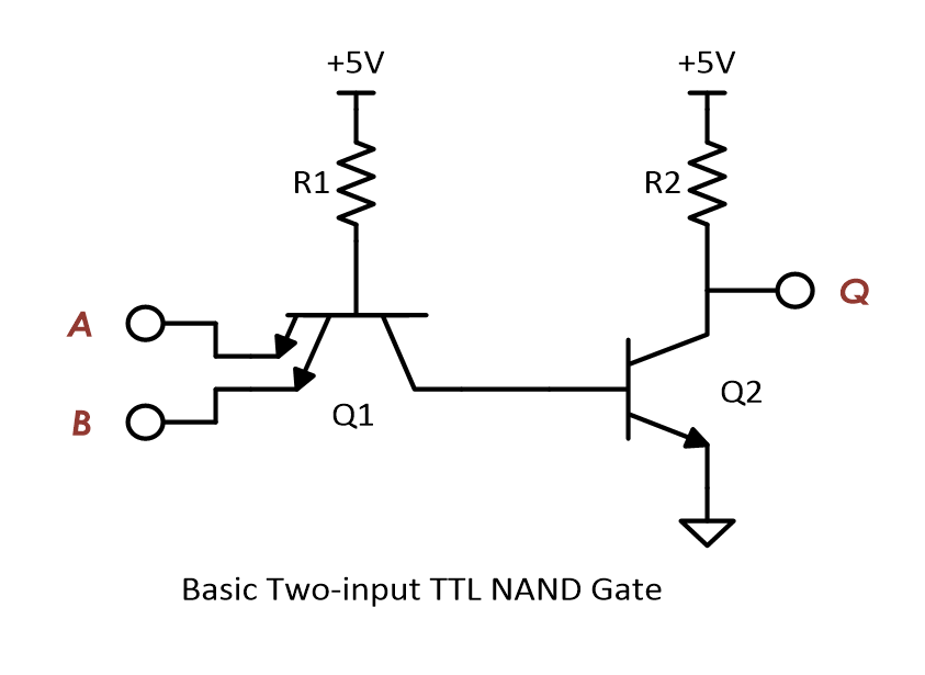 The schematic of a basic two-input TTL NAND gate.