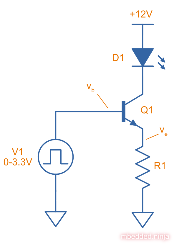 The simulation schematic for a constant-current BJT-based LED driver.