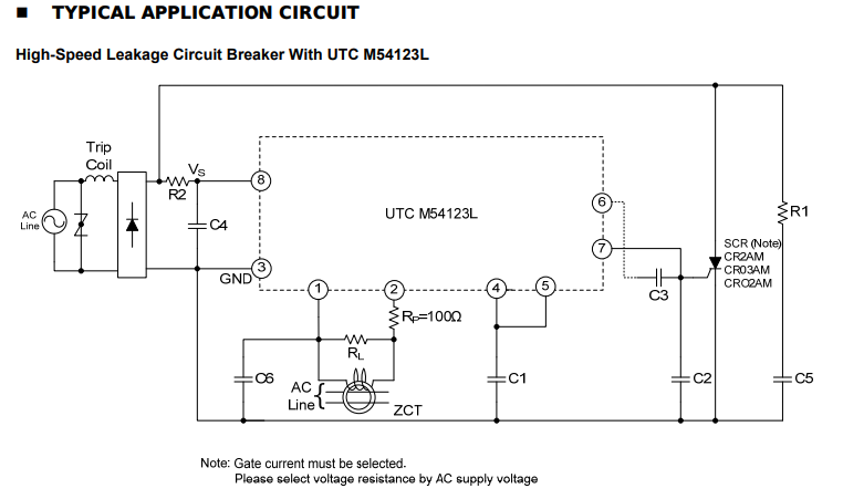 Typical application diagram for the M54123L circuit breaker IC, showing the use of an external SCR.