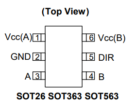The pinout for the single bit Diodes Inc 74LVC1T45Z6-7 voltage translator in the SOT-563 package[^bib-diodes-inc-74lvc1t45z6-7-ds].