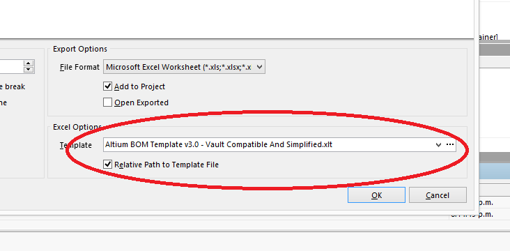 The field in the BOM configuration window that allows you to specify a Excel template file.