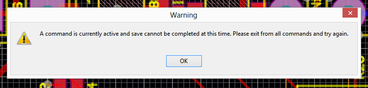 You might get this error in Altium when trying to save because you have run a script which hasn't called PSBServer.PostProcess an equal number of times as PCBServer.PostProcess.