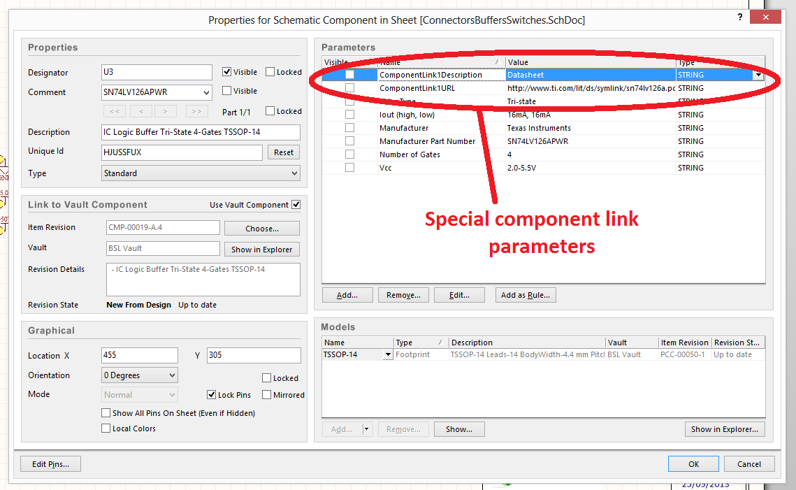 Adding a special component link to the components datasheet in Altium.